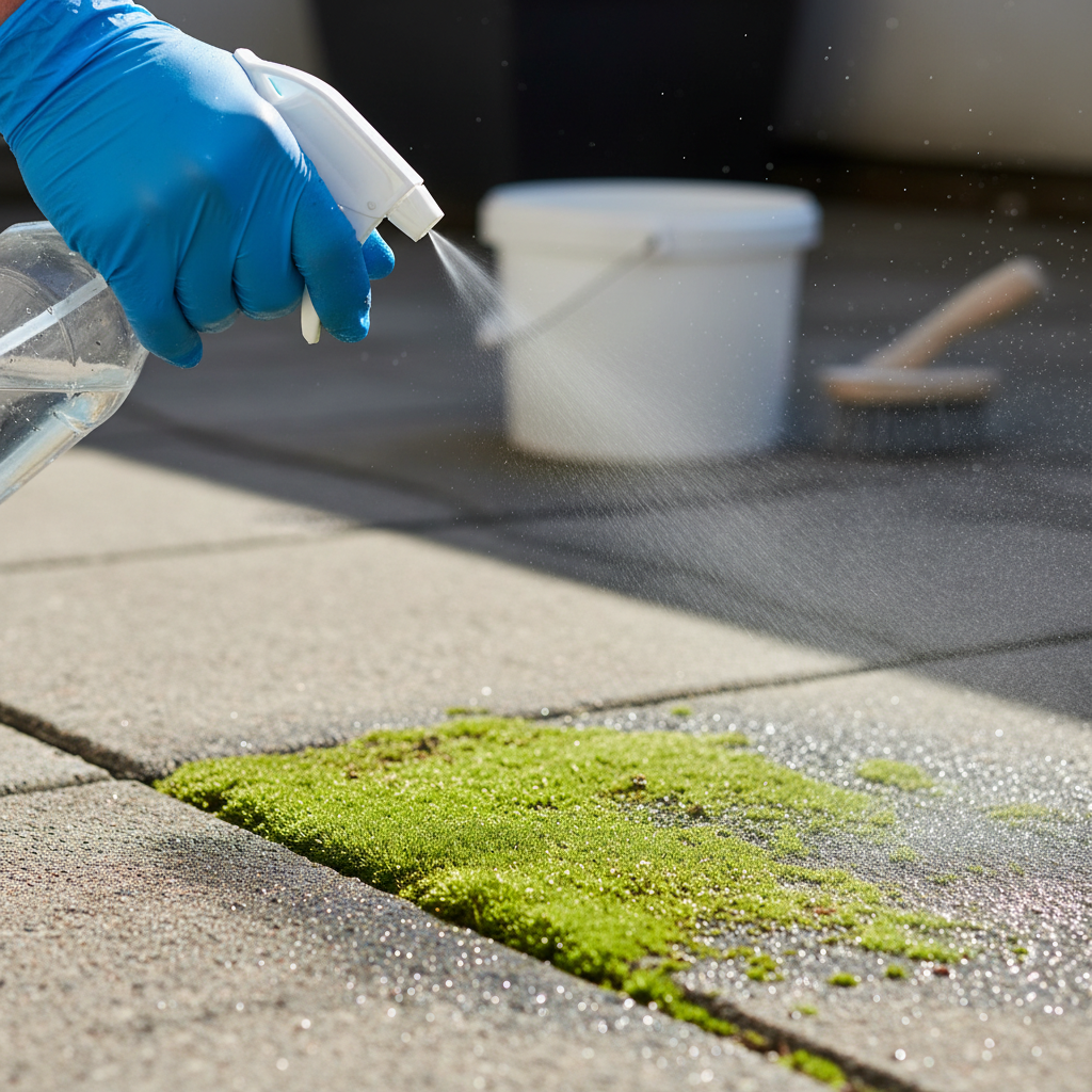 A person's gloved hands holding a clear spray bottle, actively spraying a fine mist of liquid onto a patch of green moss covering a concrete or wooden terrace plank. The liquid should be visible in the air and settling on the green growth. A bucket with a small amount of liquid and a scrubbing brush could be subtly in the background. The focus is on the action of applying the solution. Clean, well-lit professional photo.