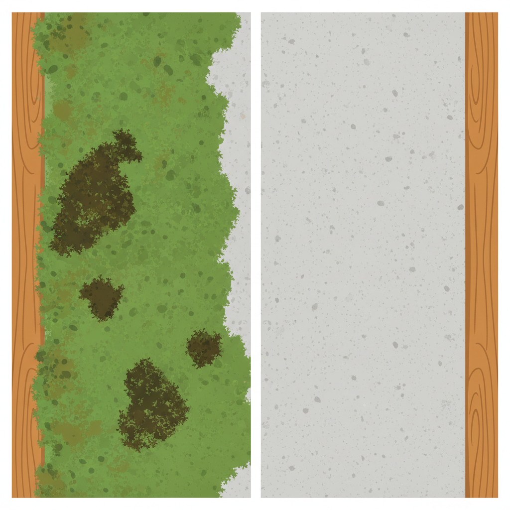 A striking split image or side-by-side comparison of a section of an outdoor surface, such as a concrete path or wooden deck. On the left side, the surface is heavily covered in thick, vibrant green moss, algae, and some dark stains. On the right side, the exact same section of the surface is pristine, clean, and free of any green growth, revealing the original material's color and texture. A clear visual dichotomy. Flat illustration style with a bright, clean aesthetic.