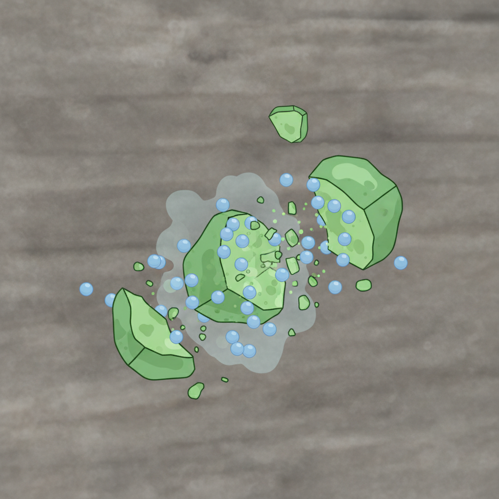 An abstract, close-up diagrammatic illustration depicting acetic acid molecules (represented as small, simple spheres or shapes) actively breaking down and dissolving the cell walls of various green microorganisms like algae and moss (represented as slightly larger, organic-looking blobs or cells). The background should be a subtle representation of a surface, like stone or wood. The illustration should convey the scientific principle of the acid's action. Modern scientific illustration or infographic style with a clean, educational feel.