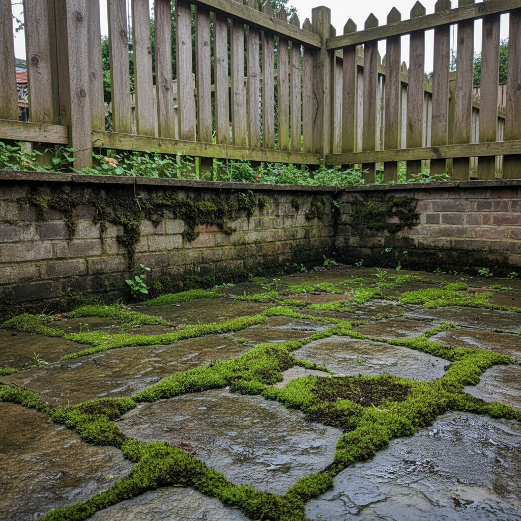 A professional photo capturing a common outdoor scene plagued by green growth. The foreground features a section of an aged stone patio partially covered in vibrant green algae and darker moss patches. In the background, a wooden fence shows a faint green film, and the base of a garden wall exhibits streaks of greenish discoloration. The overall impression conveys neglected surfaces and the pervasive nature of Grünbelag, set on a slightly overcast day to highlight damp conditions. Focus on textures and the visual impact of the growth.