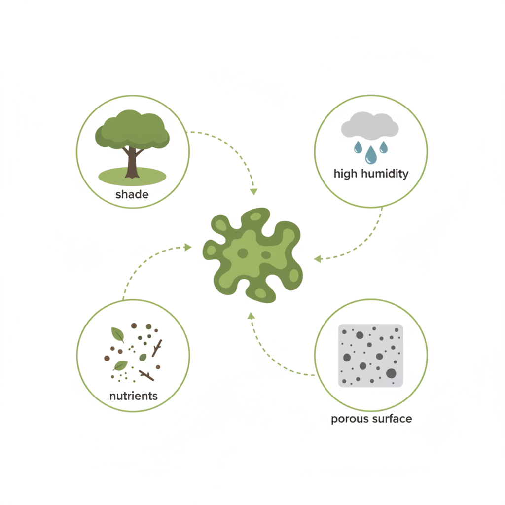 An infographic-style flat illustration explaining the factors contributing to green growth formation. A central, simplified representation of green algae or moss is surrounded by four distinct icons: a shaded area with a tree casting a shadow, water droplets or a rain cloud for high humidity, scattered organic debris (leaves, dust) for nutrients, and a close-up of a porous surface texture. Use a clean aesthetic with muted greens, greys, and browns, emphasizing visual clarity and interconnectedness of these environmental elements.