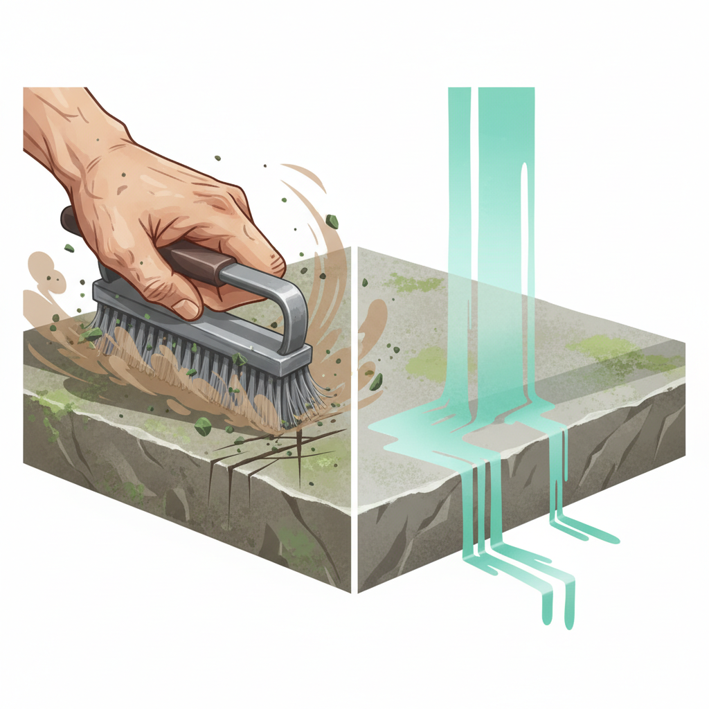 A stylized illustration depicting a clear contrast between manual scrubbing and gentle removal. On the left side, a hand holds a stiff brush aggressively scrubbing a stone slab, creating visible scratch marks and a cloud of dust/debris. The expression is strained. On the right side, the same type of slab is shown with a gentle mist or liquid being applied from an invisible source, dissolving the green growth, which gracefully streams off the surface without damage. The right side evokes ease and pristine results.