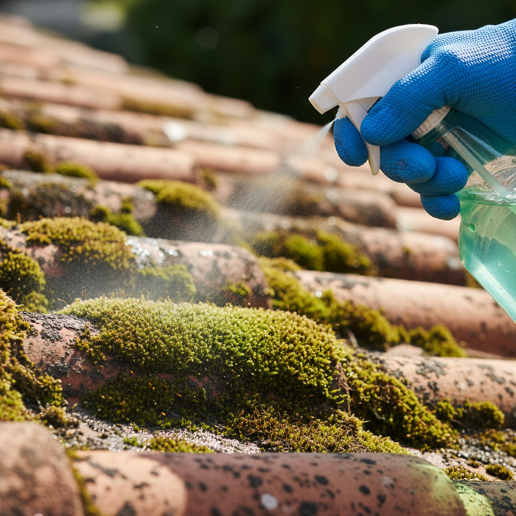 A close-up, high-quality photograph showcasing the application of a specialized green growth remover. A hand, wearing a protective glove, holds a functional spray bottle, directing a fine mist onto a stubborn patch of bright green moss covering a few terracotta tiles. The liquid appears to gently moisten and begin to penetrate the moss, with a subtle hint of the green deepening or slightly dulling as the solution takes effect. The scene is well-lit, emphasizing the direct action.