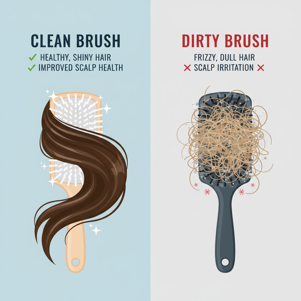 An infographic-style illustration depicting the positive effects of a clean hairbrush versus a dirty one. On one side, a pristine brush with shiny, flowing hair. On the other, a dirty brush with frizzy, dull hair, scalp irritation symbols (e.g., small red dots). Use clear, contrasting visual cues and a clean, modern aesthetic.