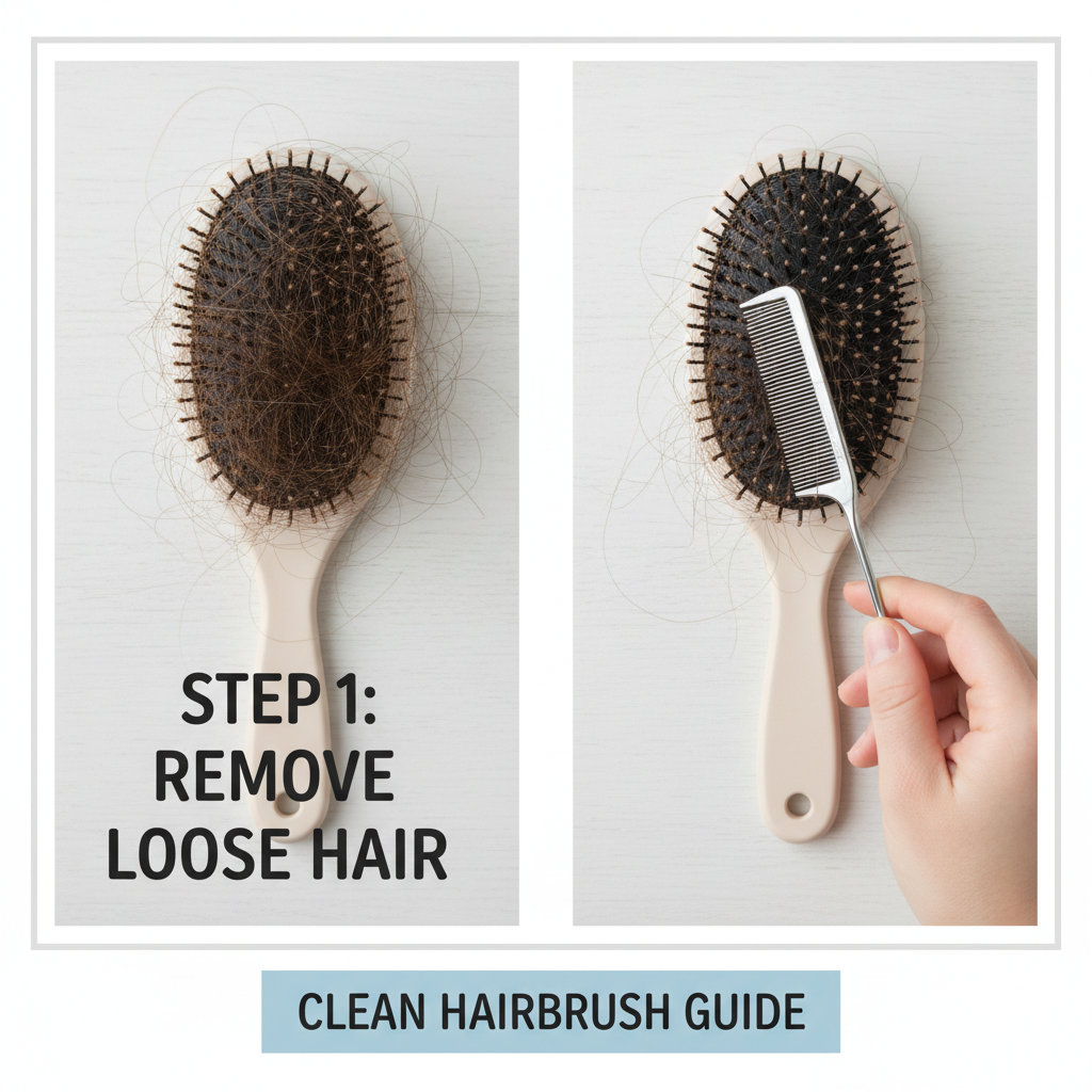 A step-by-step flat illustration showing the initial process of cleaning a hairbrush: a hand using a comb or another tool to gently pull out accumulated hair from the brush bristles. The background should be a clean, light surface, making the action clear and easy to understand.