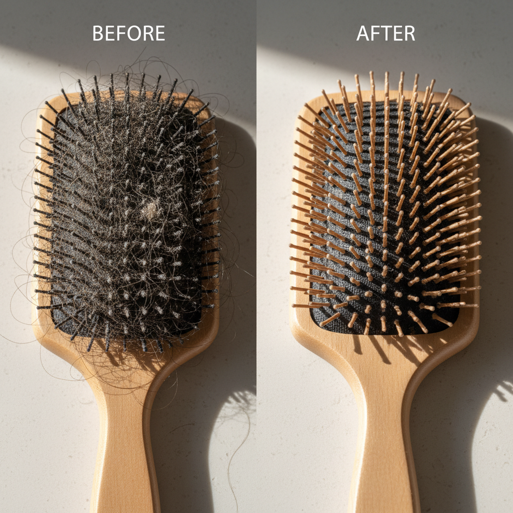 A 'before and after' split-screen image in a realistic, professional style. On one side, a hairbrush completely matted with old hair and product. On the other side, the exact same brush, immaculately clean with glistening bristles, looking brand new. The lighting should accentuate the cleanliness of the 'after' state.