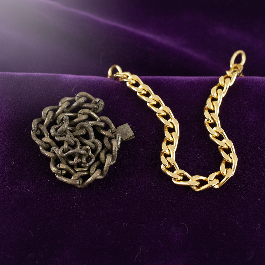 A professional close-up photo of a dull, tarnished gold necklace next to a sparkling, freshly cleaned gold necklace, lying on a soft, dark velvet cloth. The contrast should be stark, highlighting the 'before and after' effect of cleaning. Soft, diffused lighting emphasizes the textures of the metal.