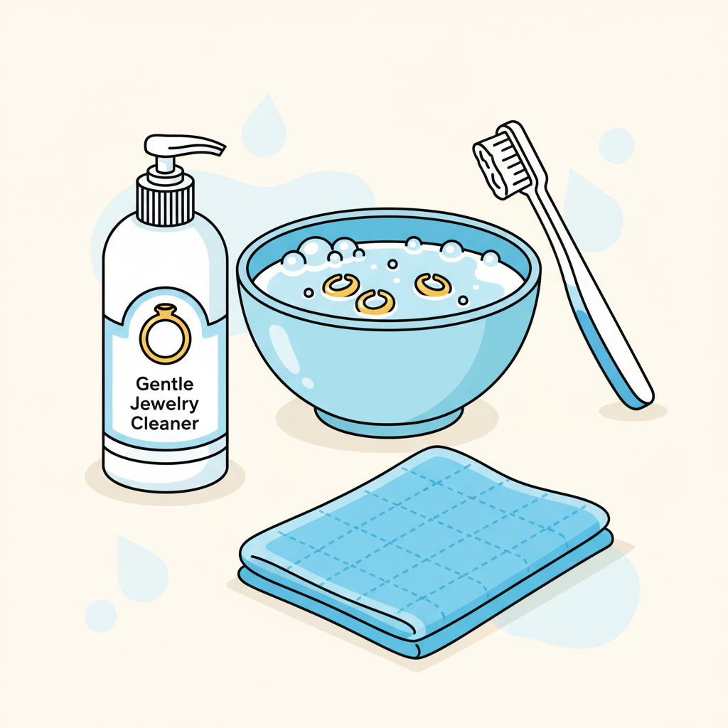 A vibrant, flat illustration depicting various common household cleaning items suitable for jewelry: a small bowl of soapy water with bubbles, a soft toothbrush, a microfiber cloth, and a mild liquid soap bottle. The items are arranged aesthetically around a clean, simple background, perhaps with subtle water droplet motifs.
