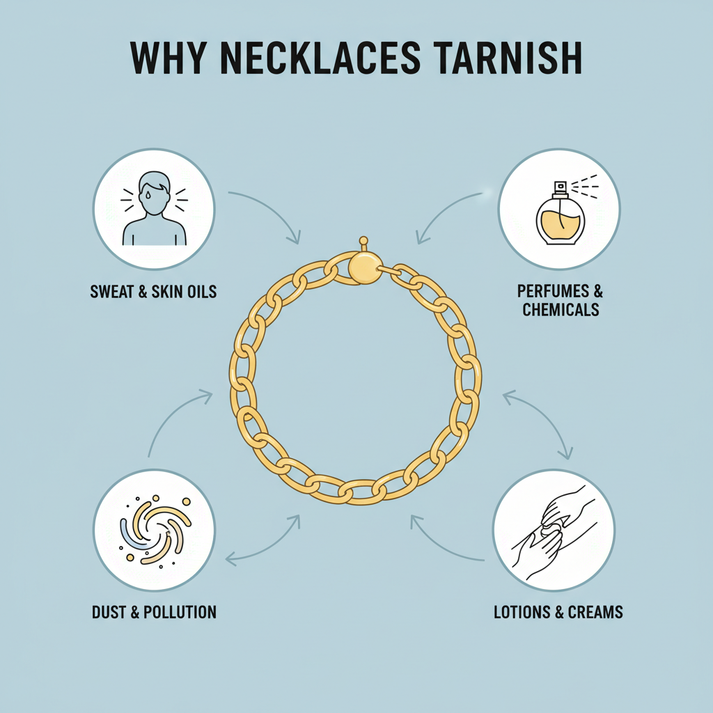 An infographic-style illustration visually explaining the reasons for necklace tarnishing. Show a stylized gold chain with small, illustrative icons around it: a sweating person icon, a perfume bottle icon, a dust cloud icon, and a tiny hand applying lotion icon. Each icon has an arrow pointing towards the chain, symbolizing their impact.