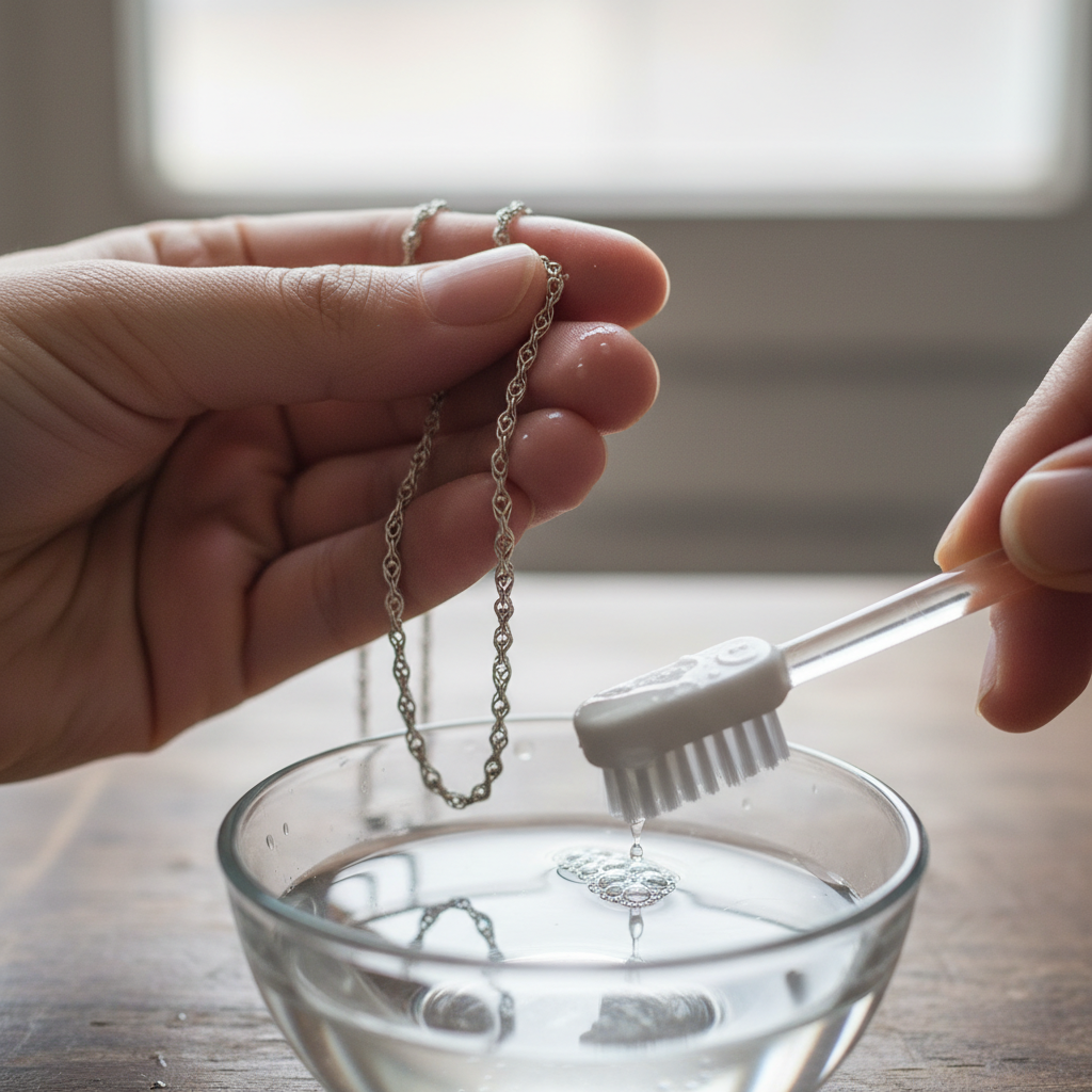 A detailed close-up shot or a macro photograph of a person gently cleaning a delicate silver necklace. The hands are visible, holding the necklace carefully with a soft brush (like a toothbrush) over a small bowl of water. The focus is on the action of cleaning, with soft, natural lighting, conveying a sense of care and precision.