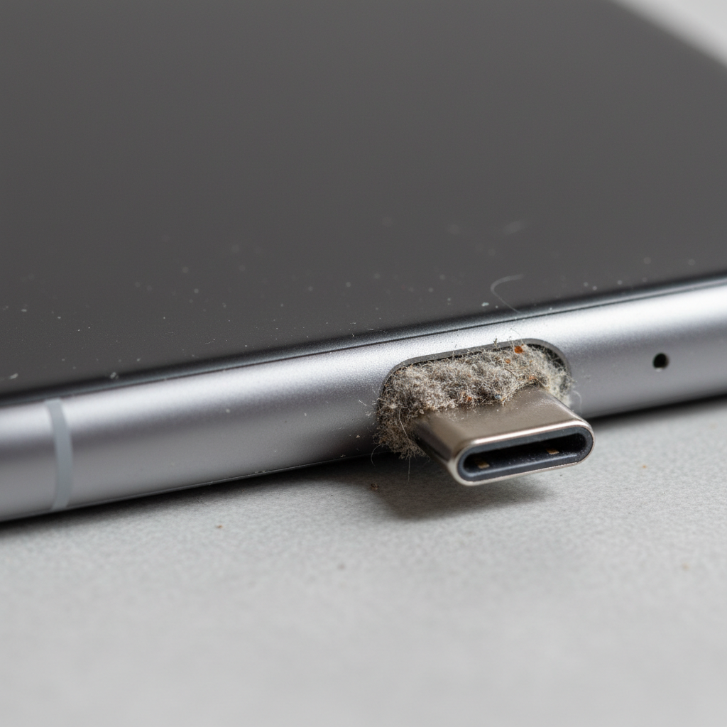 A macro, professional photo capturing the charging port of a modern smartphone (e.g., USB-C or Lightning). The port is visibly clogged with a dense accumulation of grey lint, dust, and small debris, making it difficult for a connector to fully insert. The surrounding phone material should appear sleek and slightly worn, highlighting the contrast with the dirty port. The image should clearly convey the problem of a blocked connection in high detail.
