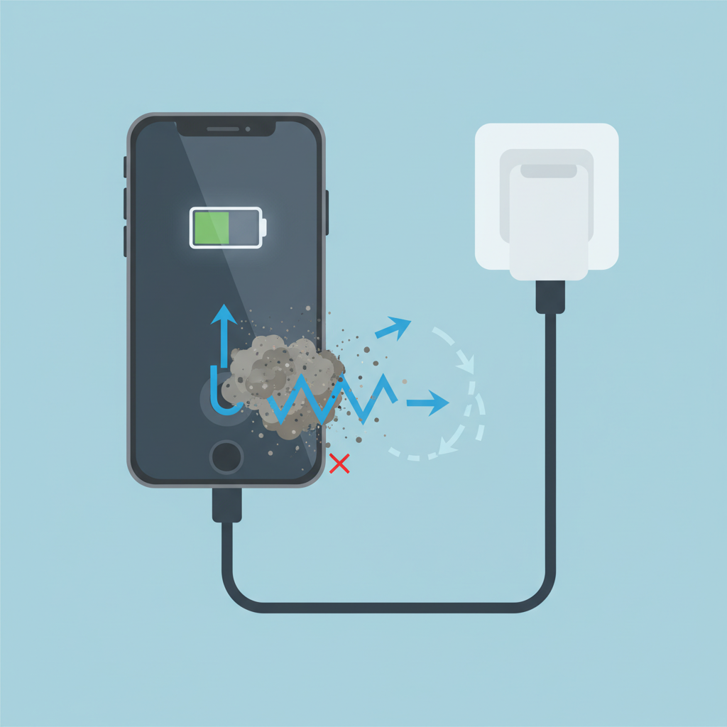 A flat illustration depicting a smartphone connected to a charger. An electrical current, represented by stylized lines or arrows, flows from the charger but encounters a significant blockage of dust and lint particles within the phone's charging port. This blockage causes the current to diminish or break, symbolized by faded or broken lines, indicating slow charging or no charge. The overall feeling should be one of interrupted functionality.