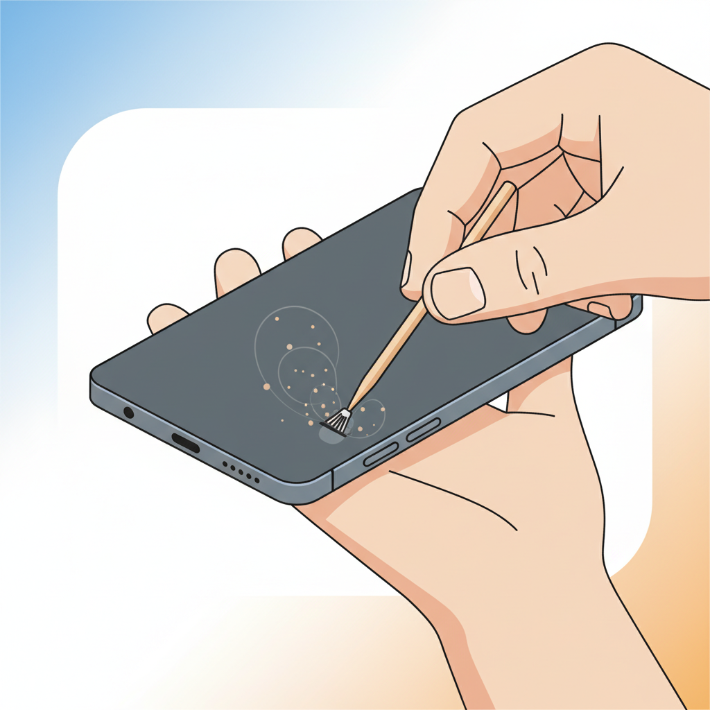 A close-up, modern isometric illustration of a person's hand carefully holding a smartphone and gently attempting to clear debris from its USB-C or Lightning charging port. The cleaning tool, depicted generically (e.g., a small, soft brush or a wooden toothpick tip), is carefully positioned inside the port, surrounded by subtle, small puffs of dust or tiny particles being dislodged. The illustration emphasizes precision and the careful, do-it-yourself aspect of cleaning.