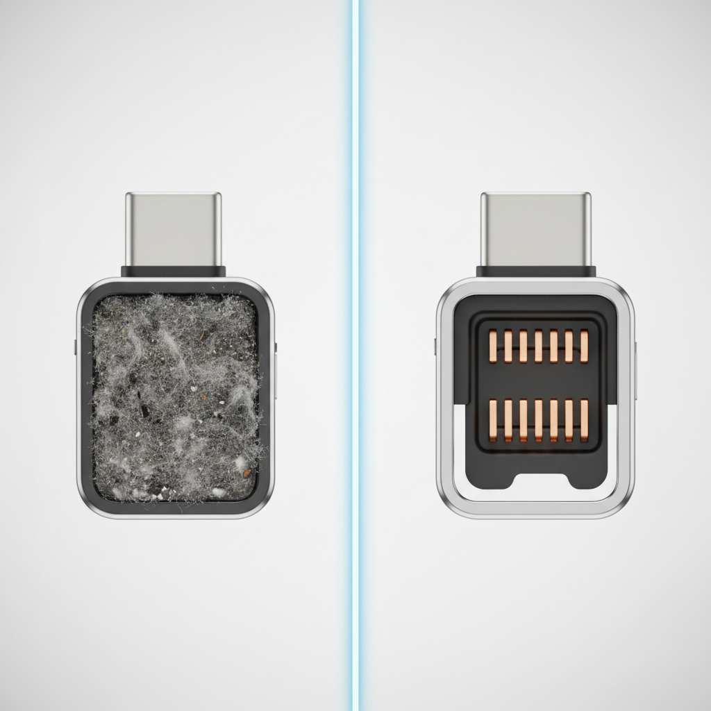 A clean, professional 3D rendering or high-quality digital illustration showing a side-by-side comparison of a smartphone's charging port. On the left, the port is depicted as severely clogged with visible lint and grime, making it appear dysfunctional. On the right, the exact same port is meticulously clean and pristine, with shiny, unobstructed contacts. A subtle visual divider separates the 'before' and 'after' states, emphasizing the dramatic improvement.