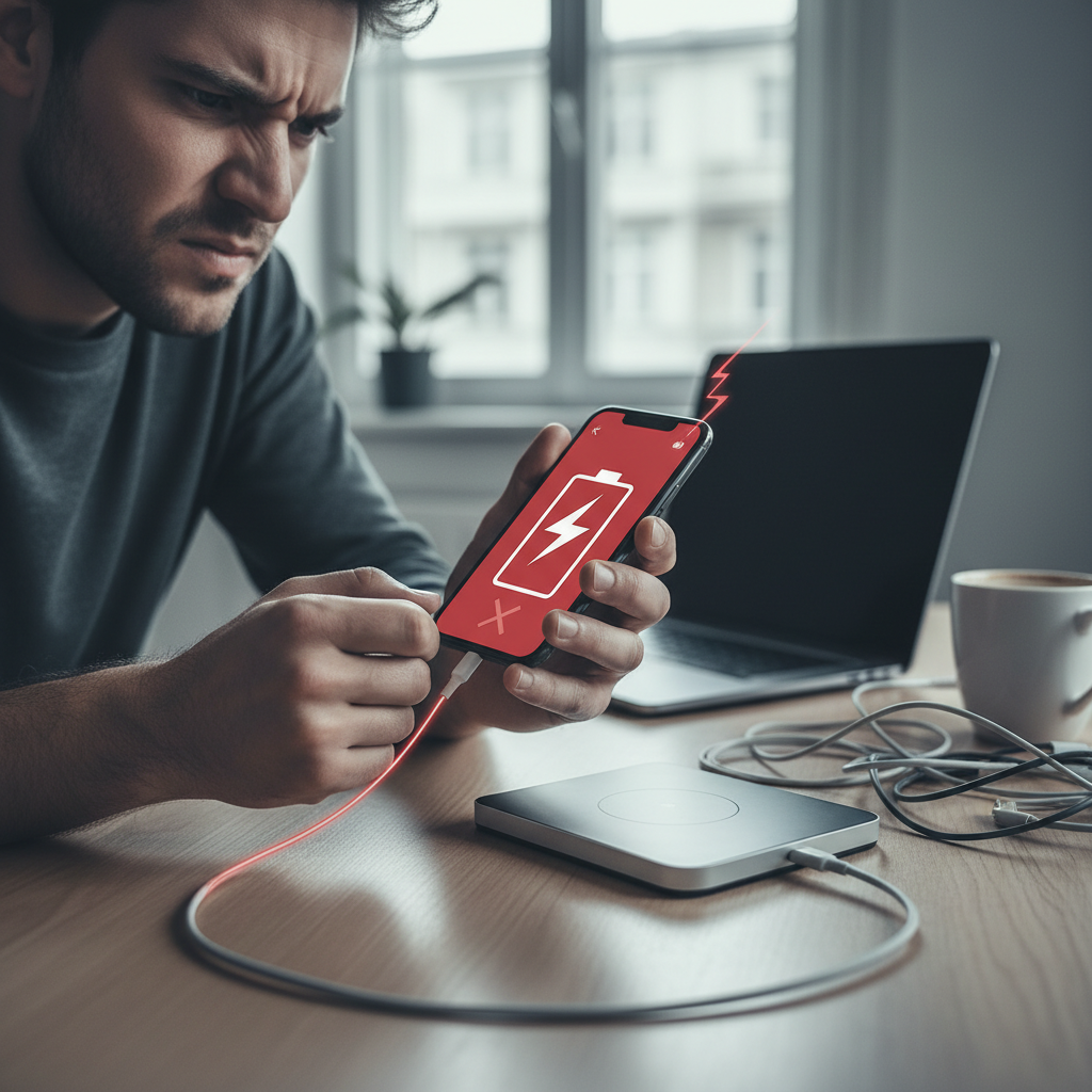 A person looking stressed and frustrated, holding a modern smartphone that displays a low battery symbol or no charging indication, despite being plugged into a charger. A subtle visual cue, such as a faint red 'X' over the charging icon or a broken electrical current line, indicates the charging failure. The scene is a modern, clean desk or bedside table. Style: Professional photo with a slightly desaturated color palette to convey the mood of frustration.