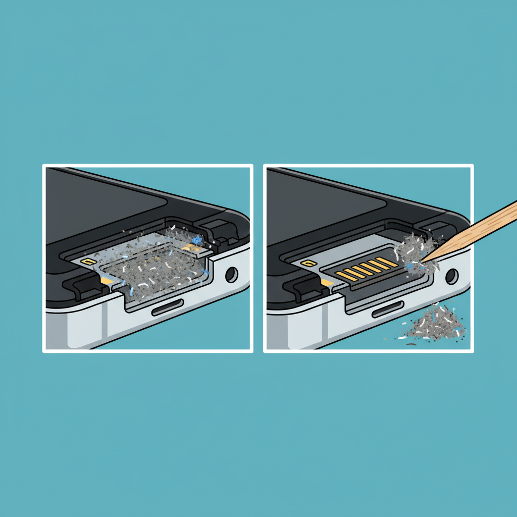 A detailed, close-up illustration of a smartphone's charging port. One side of the port is visibly clogged with lint, dust, and tiny debris. The other side, in a split view or sequential panel, shows a small, non-metallic tool like a wooden toothpick or a soft bristle brush carefully and gently dislodging the accumulated dirt from the port's internal contacts. Style: Clean flat illustration with cutaway elements, emphasizing clarity and detail.