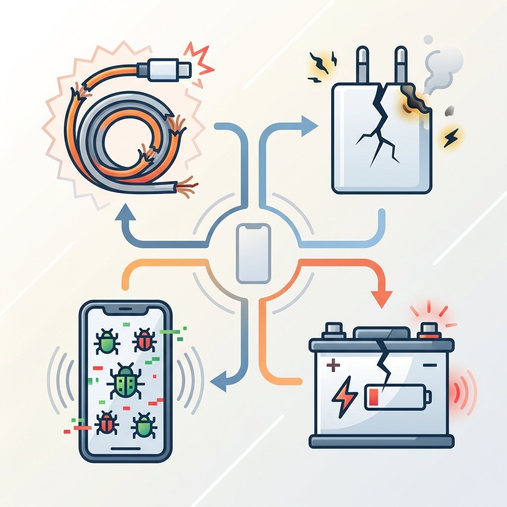 An infographic-style illustration showcasing various common culprits for phone charging problems. Display distinct, clear icons or simplified representations: a severely frayed or bent charging cable, a cracked or scorched power adapter, a smartphone screen with abstract 'bug' symbols indicating software issues, and a generic battery icon with a crack or a 'low power' status. Each element should be visually separate but part of a cohesive design. Style: Clean vector graphics, minimal color palette, infographic aesthetic.