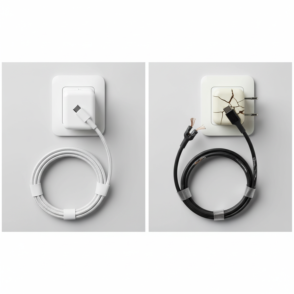A side-by-side comparison visual. On one side, a pristine, new-looking USB-C or Lightning charging cable neatly coiled alongside a sleek, undamaged power adapter plugged into a power outlet. On the other side, a clearly damaged, frayed charging cable (perhaps near the connector or mid-cable) and a power adapter with visible cracks, scorch marks, or a bent plug. Style: Realistic product photography, clear focus on the details of damage and pristine condition, neutral background.