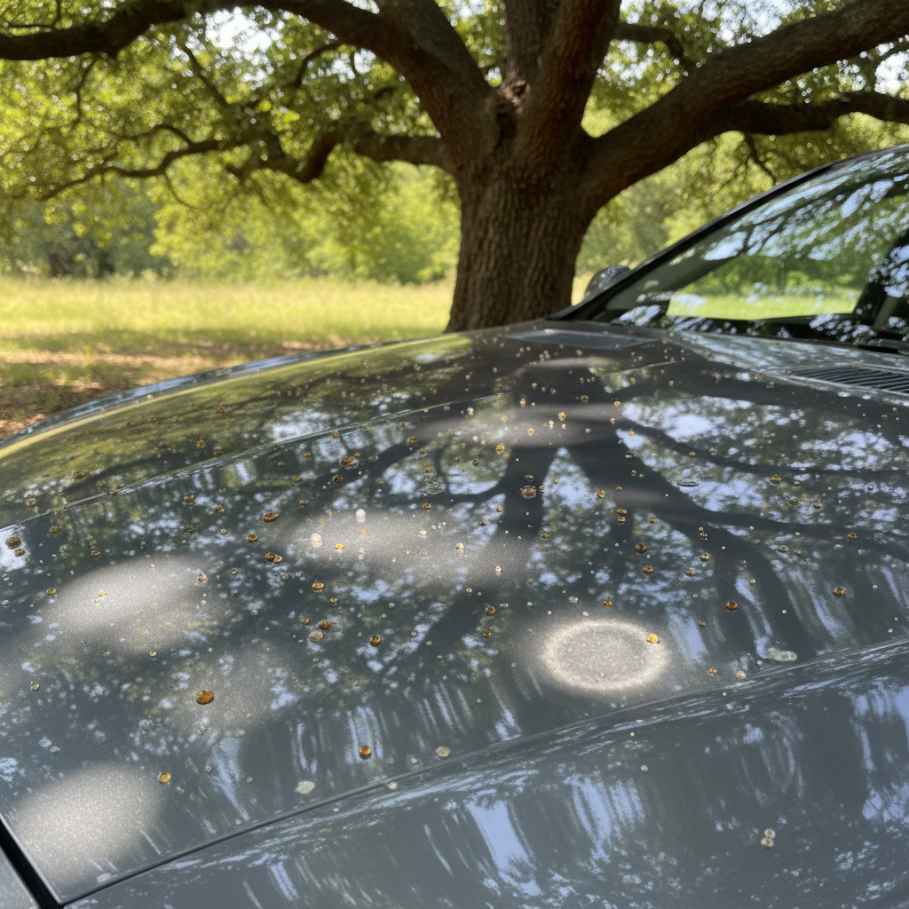 A professional photo capturing a sleek, dark-colored car parked underneath a large, verdant tree. Focus on the car's hood and roof, where multiple small, glistening amber-colored sap droplets are visible, having just fallen onto the glossy paint. Some slightly dried, cloudy sap spots are also discernible, indicating the initial stage of damage. The scene should convey the common problem of tree sap on a vehicle in a realistic yet aesthetically pleasing manner, with dappled sunlight highlighting the sticky residue.