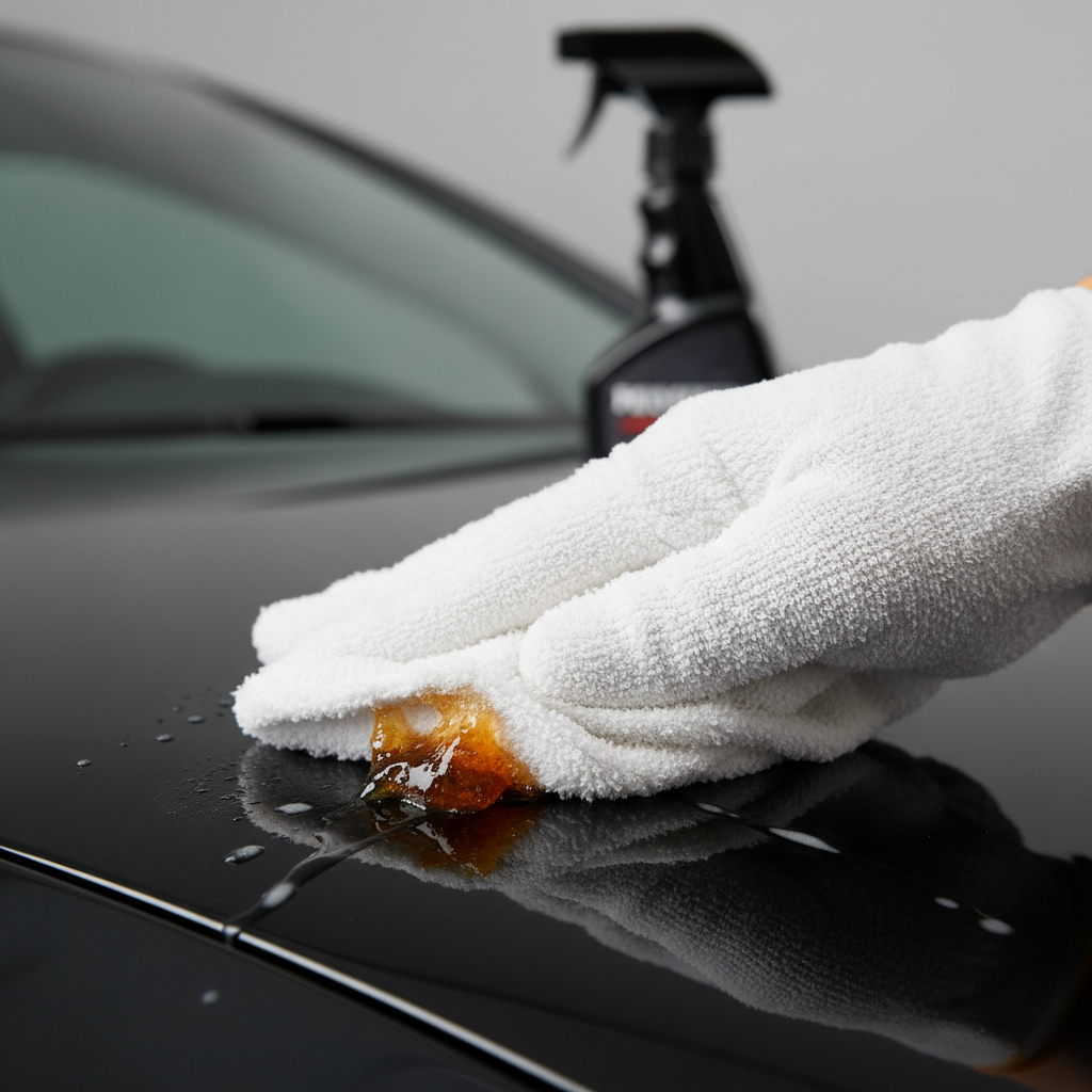 A detailed close-up professional photo of a hand, wearing a soft, clean microfiber glove, gently wiping a visible tree sap residue from a section of a car's pristine, dark-colored paintwork. The focus is on the careful motion and the soft texture of the cloth interacting with the sticky sap, without scratching the surface. In the slightly blurred background, hints of a specialized cleaning product bottle could be visible. The image should convey precision and gentle care in the cleaning process.