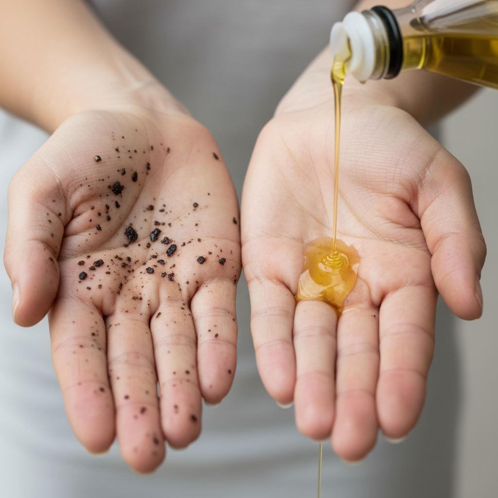 A high-quality, professional close-up photograph capturing two hands. One hand is visibly soiled and textured with sticky, dark tree resin spots, clearly illustrating the problem. In gentle contrast, the adjacent hand appears clean and smooth, with a small, glistening stream of cooking oil (like olive oil) being poured or squeezed onto its palm, signifying the start of the gentle cleaning process. The background is softly blurred to keep the focus entirely on the hands and the contrast between the resin and the cleaning agent. The lighting is bright and natural, conveying a practical, solution-oriented mood.