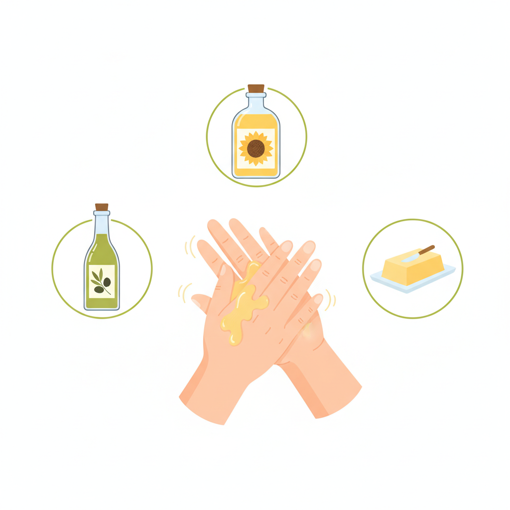 A vibrant and clean flat illustration depicting the concept of oil-based resin removal. The central focus is a pair of hands, subtly showing traces of sticky resin, being gently massaged with an unseen oily substance. Surrounding this central action, in an organized, infographic-style layout, are stylized representations of common kitchen ingredients: a bottle of olive oil, a bottle of sunflower oil, and a small block of butter or margarine. All elements are rendered with smooth lines and pleasant, muted colors on a light, clean background, emphasizing the simplicity and accessibility of these home remedies.