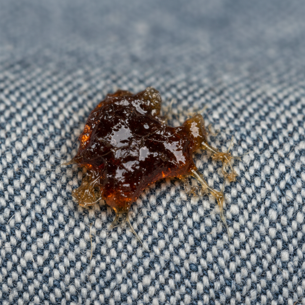A detailed macro photograph focusing on a stubborn, dried resin stain deeply embedded in the fibers of a common garment, such as a denim pant or a cotton shirt. The stain appears dark, slightly glossy, and adheres tenaciously to the fabric, illustrating its difficult-to-remove nature. Subtle visual cues emphasize how the sticky substance has penetrated the weave. The surrounding fabric should show clear texture, while the background is softly blurred to highlight the problem area. Realistic lighting and professional quality.