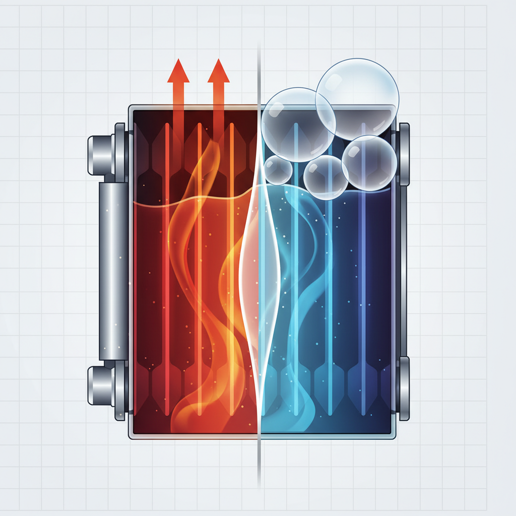 A detailed cutaway diagram illustrating the interior of a radiator. On the left, hot water flows freely, depicted by warm red and orange tones, filling the radiator section. On the right, large, transparent air bubbles are trapped at the top, preventing the hot water from reaching that area. This section appears cooler, with blue and purple tones, signifying inefficient heating. The overall style is a clean, modern technical illustration with a focus on fluid dynamics and heat distribution.