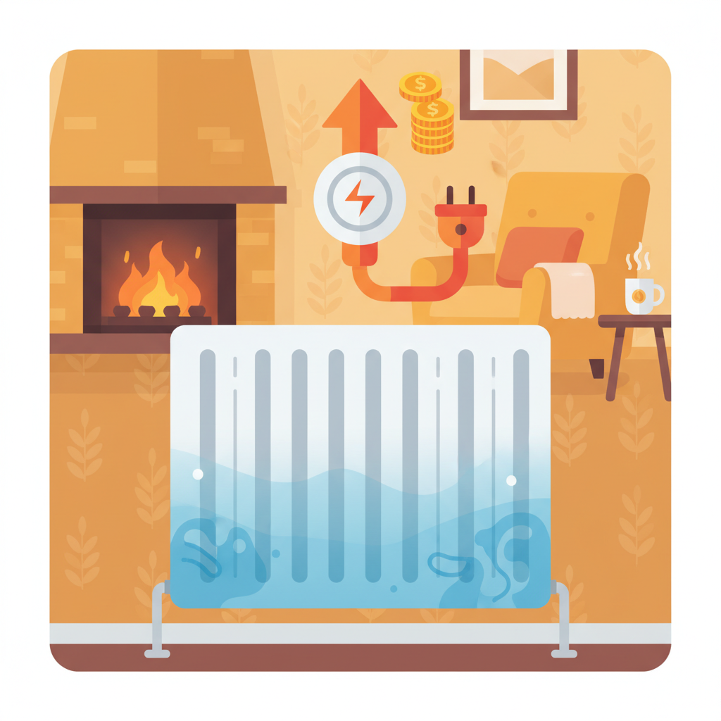 A stylized illustration showing a domestic radiator with visible cold spots indicated by cool blue shading. Above it, a metaphorical representation of rising energy consumption, perhaps an upward-pointing arrow connected to a stylized electricity meter or a power plug, hinting at financial cost. The background depicts a cozy, warm room contrasted with the struggling, cold radiator. The style is a clean, flat illustration with a slightly abstract quality to convey the hidden inefficiency.