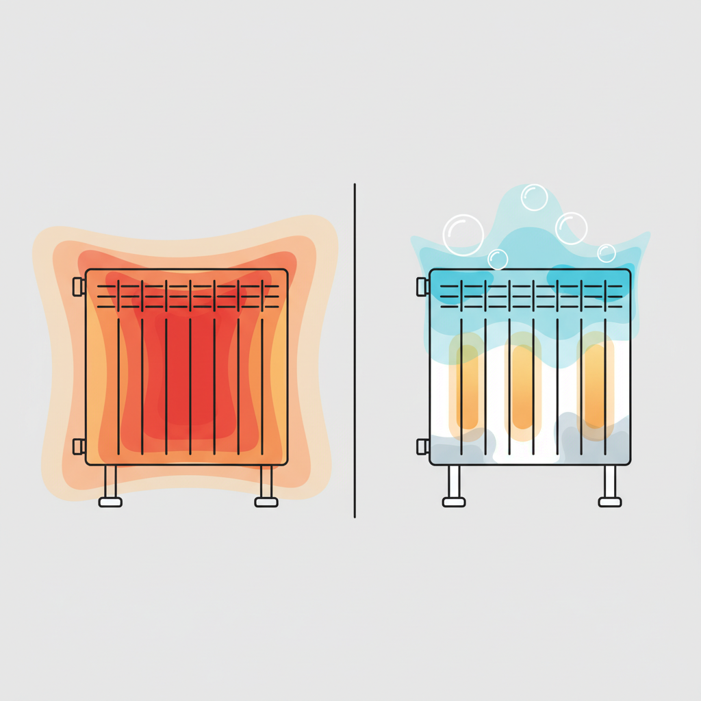 An infographic-style illustration depicting two identical radiators side-by-side for comparison. The radiator on the left radiates uniform warmth, indicated by a consistent gradient of warm red and orange tones across its entire surface. The radiator on the right shows distinct cold patches, particularly at the top, represented by cool blue tones and visible, trapped air bubbles disrupting the heat flow. Clean lines and clear visual distinction emphasize the efficient vs. inefficient state.