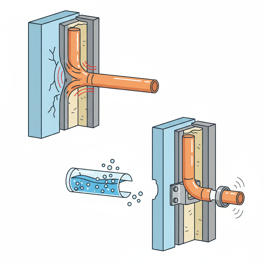 An infographic-style cutaway illustration of a residential wall section containing heating pipes. Multiple issues are visually represented: a pipe expanding and pressing against the wall (shown with slight deformation of the pipe and wall contact point), a section of pipe with visible air bubbles trapped inside, and a pipe loosely held by a bracket, vibrating slightly. Use a clean, schematic visual language to illustrate these distinct problems.