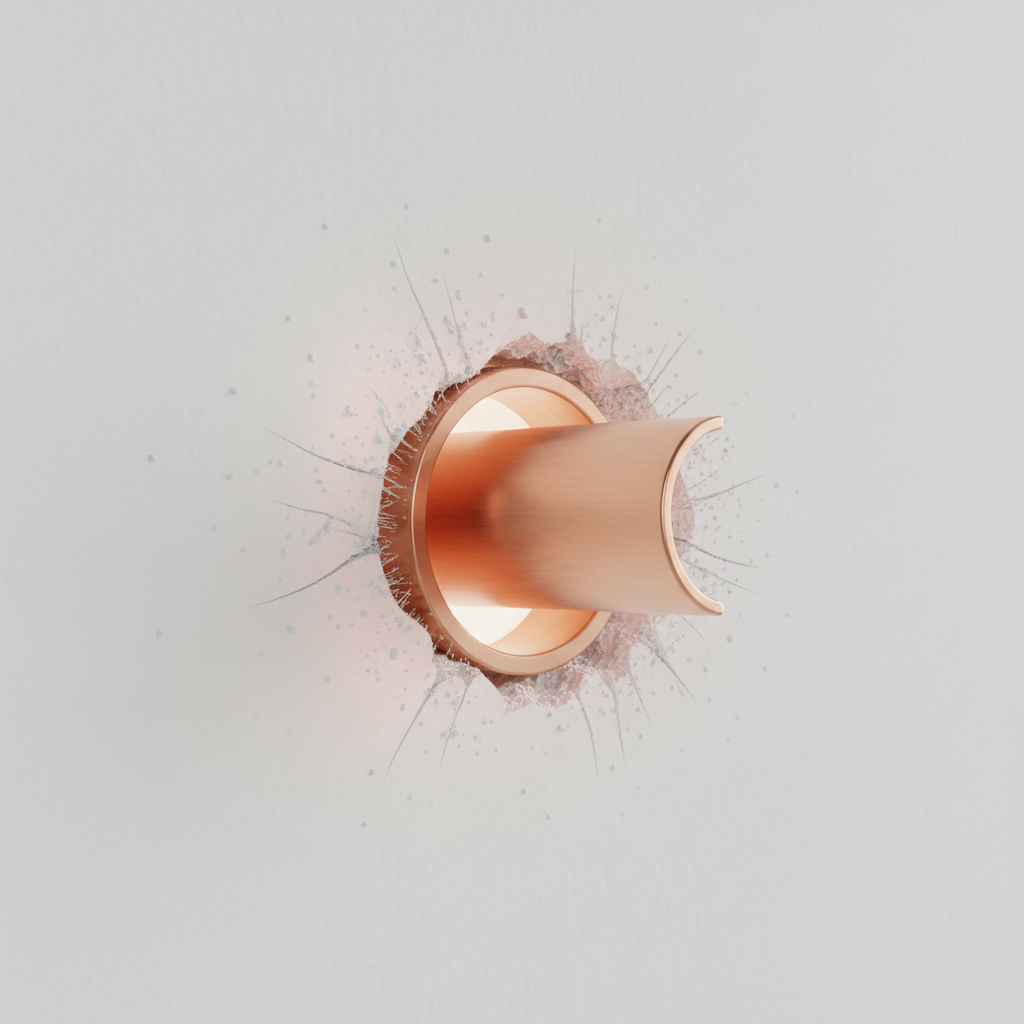 A detailed 3D technical illustration focusing on a copper heating pipe passing through a tight opening in a plasterboard wall. The pipe segment is visibly warm, indicated by a subtle, soft orange glow. The pipe appears slightly expanded, pressing firmly against the edges of the wall opening, causing the surrounding material to show a tiny stress crack or slight abrasion. Emphasize the friction and contact point.
