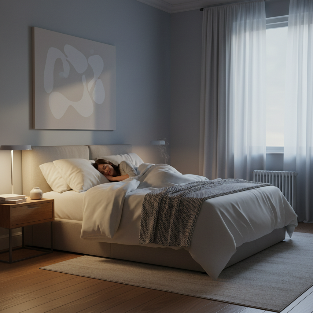 A serene and calming professional photo of a bedroom at night. A person is deeply asleep in bed, covered comfortably, with a peaceful expression. The room is softly lit, perhaps by a bedside lamp or moonlight streaming through a window. The overall atmosphere conveys quiet, comfort, and undisturbed rest, symbolizing a successful resolution to the problem of noisy heating pipes.