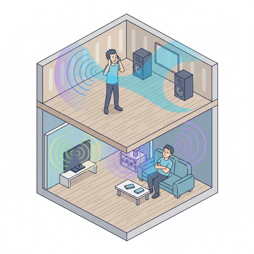 A detailed isometric cutaway illustration of a multi-story apartment building. On the upper floor, subtle visual representations of sound waves (e.g., radiating concentric circles or wavy lines) emanate from a person talking and music speakers. These sound waves clearly penetrate the ceiling/floor structure and are visible as faint disturbances reaching into the apartment below, where a person looks annoyed. On a side wall, similar waves from a TV in an adjacent unit are shown penetrating. Focus on illustrating sound travel through common building materials like concrete and plasterboard in a modern flat illustration style.