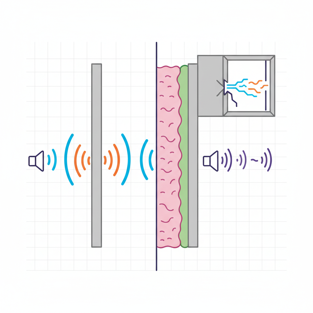 A technical cross-section diagram of an apartment wall, illustrating different material densities and their impact on sound. One half of the wall is thin and shows sound waves (depicted as vibrant, easily passing lines) effortlessly traversing from one side to the other. The other half is thicker, perhaps with an insulating layer, showing the sound waves significantly diminished or absorbed. Also, depict a poorly sealed gap around a window frame with sound clearly entering. Use a clean, informative infographic style with a focus on material science.