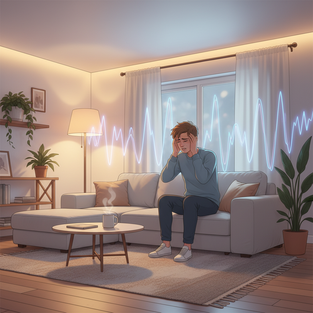 A contemporary, slightly moody illustration depicting a person in a minimalist, cozy living room. The person is sitting on a sofa, looking visibly stressed or frustrated, perhaps with hands lightly pressing against their temples. Faint, abstract visual elements, like diffuse energy waves or subtle vibrating patterns, emanate from the walls and ceiling, symbolizing disruptive noise intrusion. The overall scene should convey a sense of disturbed peace and lack of privacy within one's own home. Warm interior lighting contrasts with the unsettling external presence.