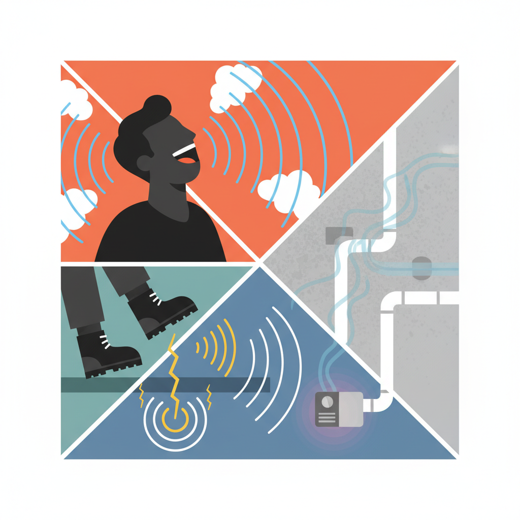 A dynamic, split-panel flat illustration showing different typical noise sources in a residential building. One panel depicts a silhouette of a person speaking loudly or laughing, with distinct 'air sound' waves expanding. Another panel shows feet walking heavily or a chair scraping across a floor, with 'impact sound' vibrations visibly radiating downwards. A third panel subtly illustrates a wall with faint visual cues of water flowing through pipes or a gentle hum indicating technical appliance noise. Each panel should clearly represent a distinct type of sound pollution without needing any captions.