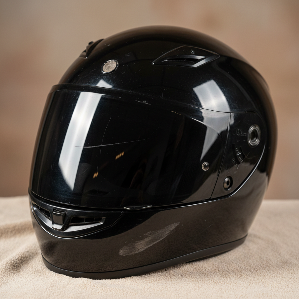 A glossy motorcycle helmet, slightly angled, clearly displaying several distinct scratches of varying severity on its surface. One scratch might look like a fine line, another a wider scuff, and a third a small chip. The helmet could be resting on a soft, neutral-colored cloth, implying careful handling even with damage. The background should be clean and out of focus to keep the focus entirely on the helmet and its imperfections. The lighting should highlight the scratches for maximum visibility without being overly dramatic. Professional photo.