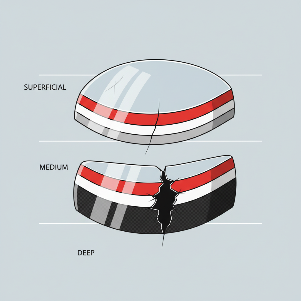 An educational cross-section illustration of a helmet's outer shell, depicting three distinct layers of damage to represent different scratch types. The topmost section shows a superficial, hairline scratch barely marring the clear coat. The middle section reveals a medium scratch, penetrating through the clear coat but not reaching the core material. The bottom section illustrates a deep gouge, extending significantly into the helmet's base material. Use clear visual differentiation for each scratch depth in a clean, infographic style.