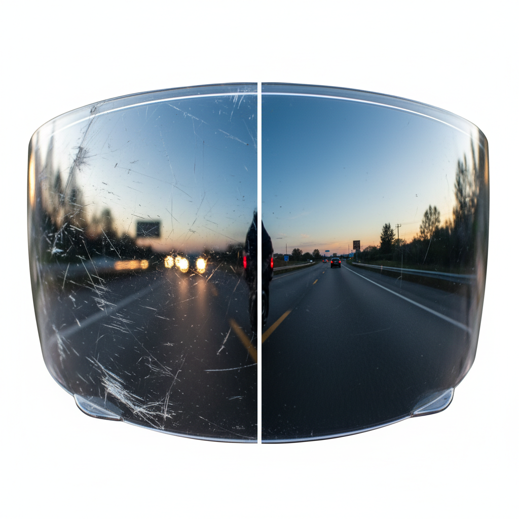A high-contrast, split-screen photorealistic illustration of a motorcycle helmet visor. The left side is heavily scratched and visibly distorted, with a blurred, dangerous-looking reflection of a road ahead. The right side is perfectly clear and pristine, reflecting a sharp, unobstructed view of the road. The light source emphasizes the clarity versus distortion, visually representing the 'before and after' of scratch removal and the importance of clear vision for safety. The helmet itself is not visible, only the visor.