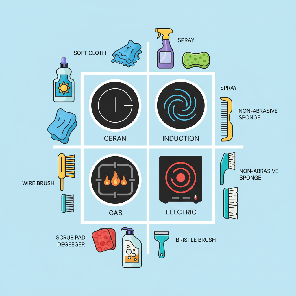 A vibrant, flat illustration depicting various cleaning tools and solutions arranged around different stovetop icons (Ceran, Induction, Gas, Electric). Each tool (e.g., soft cloth, scraper, spray bottle, sponge) should be clearly identifiable and brightly colored. The stovetop icons should be minimal and stylized, representing their types. The overall impression is informative and organized.