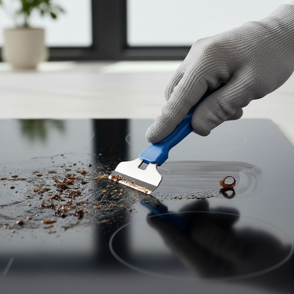 A close-up professional photo of a hand carefully using a specialized ceramic hob scraper on a dirty Ceran cooktop. The scraper should be held at a shallow angle, with some stubborn, burnt-on residue visible on the hob, and some already removed. The focus should be sharp on the action, demonstrating the gentle yet effective cleaning process. The background should be slightly blurred to keep the attention on the scraper and hob.