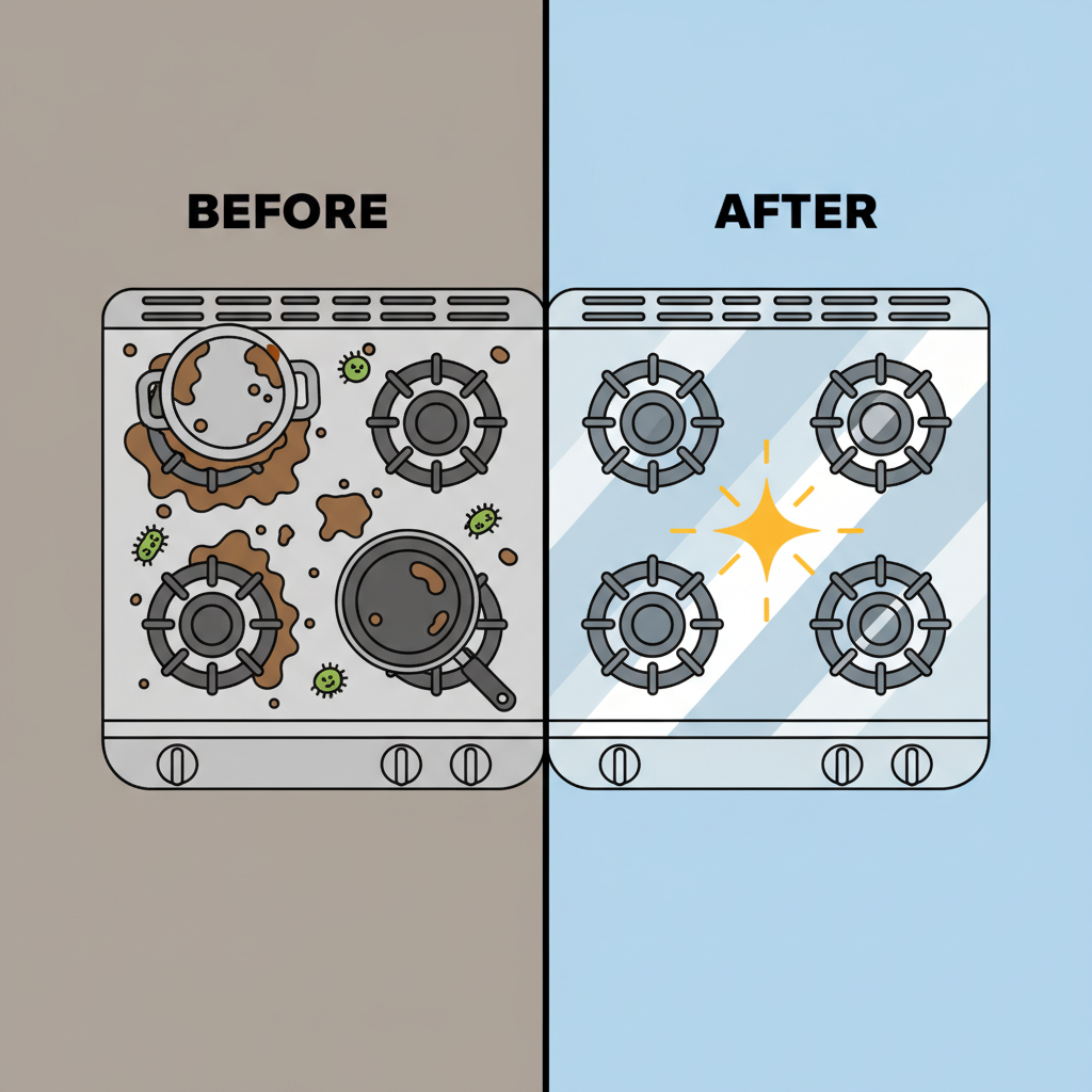 A split-screen or 'before-and-after' infographic style illustration. On the 'before' side, show a messy stovetop with splatters, burnt food, and grease. On the 'after' side, show the same stovetop sparkling clean. Use simple line art or vector graphics for clarity. Include small, illustrative icons of bacteria on the 'before' side and a shining star on the 'after' side to emphasize hygiene and cleanliness.