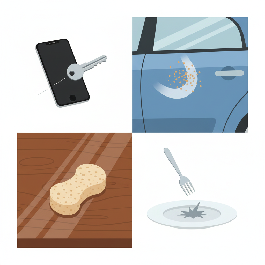 A clean, minimalist flat illustration depicting various common causes of surface scratches. The image is divided into distinct sections. One section shows a smartphone screen being grazed by a metal key, causing a faint line. Another depicts tiny sand particles being wiped across a car's painted surface. A third section illustrates a coarse, abrasive sponge being used on a glossy, delicate table top. A final vignette shows a utensil falling and impacting a surface, hinting at a deep scratch. The overall style is modern and infographic-like, using simple icons and clear visual metaphors for each cause.