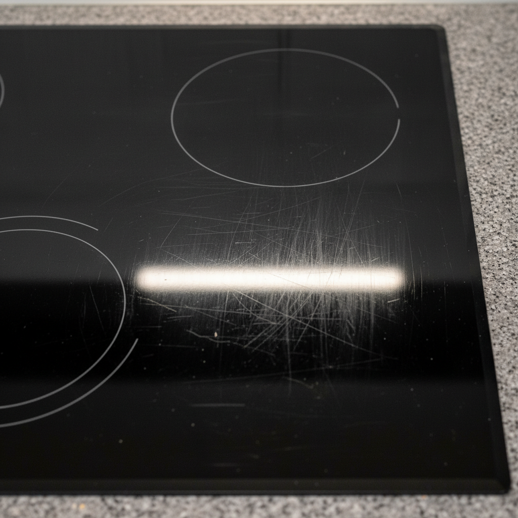A professional, high-resolution photo showcasing a close-up, top-down view of a modern, dark glaskeramik (ceramic glass) stove top. The sleek, reflective surface should prominently display several distinct, fine scratches, catching the light in a way that emphasizes their unsightly presence. One burner ring is subtly visible in the composition. The surrounding kitchen countertop is softly blurred, ensuring the focus remains squarely on the textured imperfections of the stove top, conveying a sense of wear and tear.