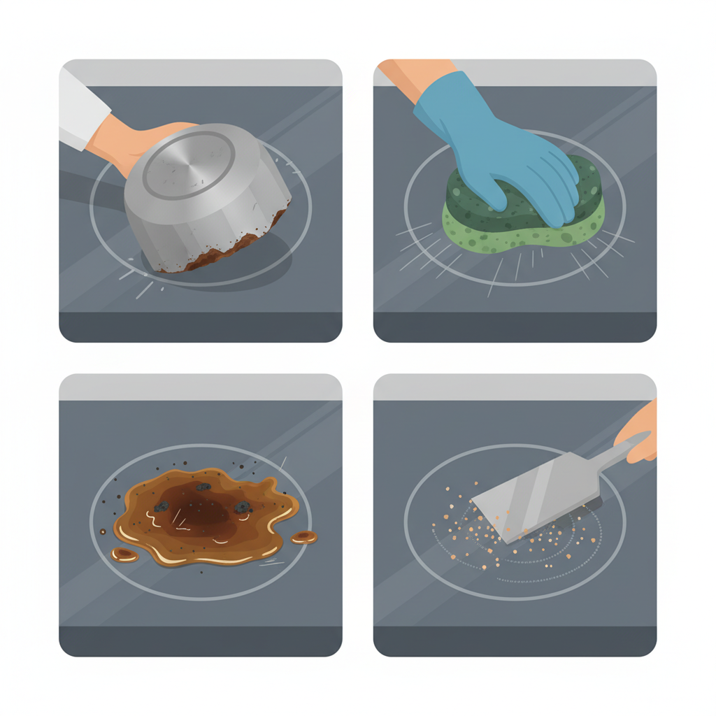 A clean, modern flat illustration depicting a multi-panel visual guide illustrating common causes of scratches on a smooth stove top. Each panel presents a distinct scenario: one shows a hand dragging a metal pot with a rough bottom across the surface, another features a hand scrubbing vigorously with a harsh, abrasive sponge, and a third depicts sticky, burnt sugar residue. A fourth panel could show tiny sand grains or crumbs under a utensil. The focus is on the actions and materials causing damage, without explicit warning symbols.