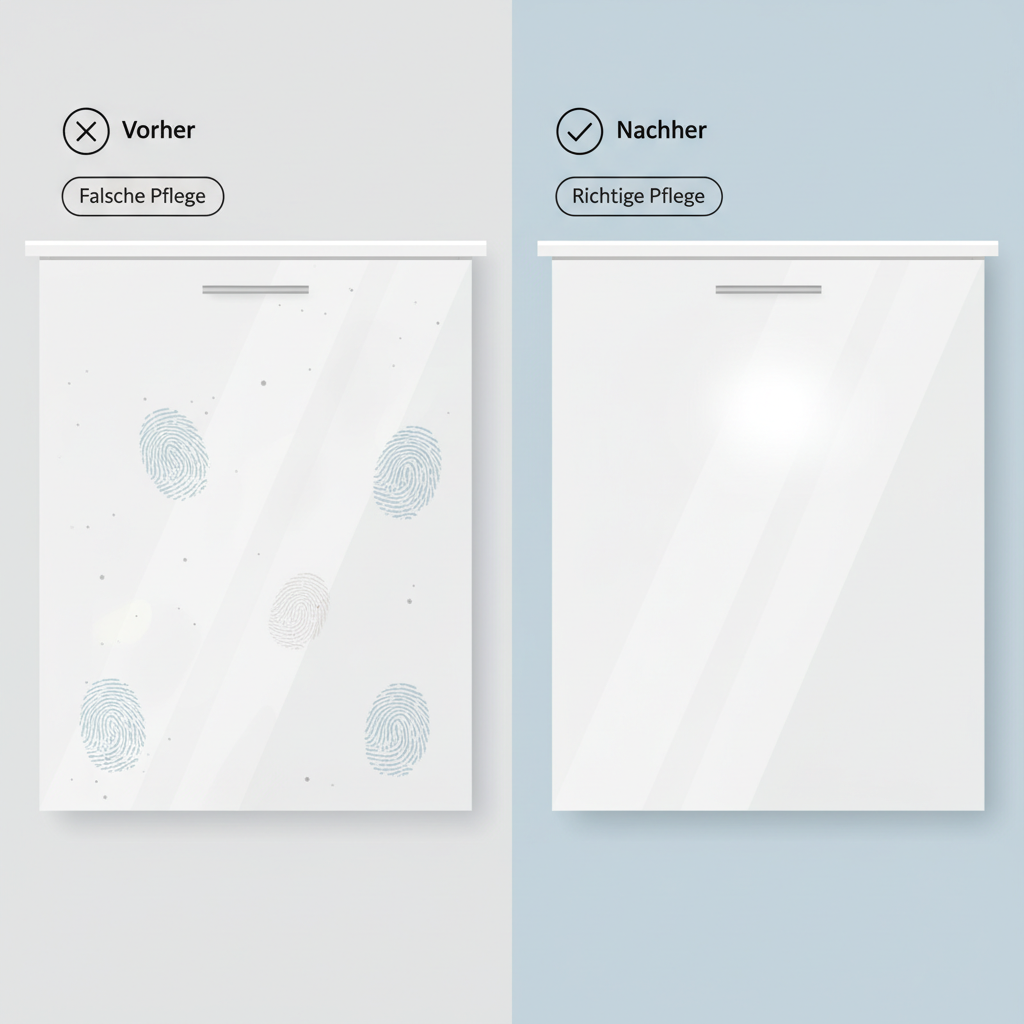 A flat illustration comparing two kitchen cabinet fronts. On the left, a high-gloss front is marred by prominent fingerprints, dust, and a few smudges, depicted with subtle, transparent overlays. On the right, an identical high-gloss front is sparkling clean, reflecting light without any imperfections. Text bubbles or small icons could subtly indicate 'Vorher' (Before) and 'Nachher' (After) or 'Falsche Pflege' (Wrong Care) vs. 'Richtige Pflege' (Right Care).