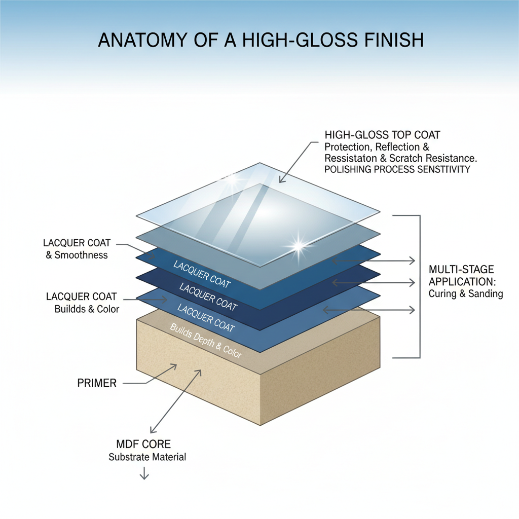An infographic-style illustration depicting the layers of a high-gloss surface. Show a cross-section with a core material (e.g., MDF) at the bottom, followed by several distinct, neatly stacked layers representing primer, multiple lacquer coats, and finally a clear, highly polished top layer. Small arrows or labels should point to each layer, explaining its contribution to the glossy finish, emphasizing the manufacturing process and sensitivity.