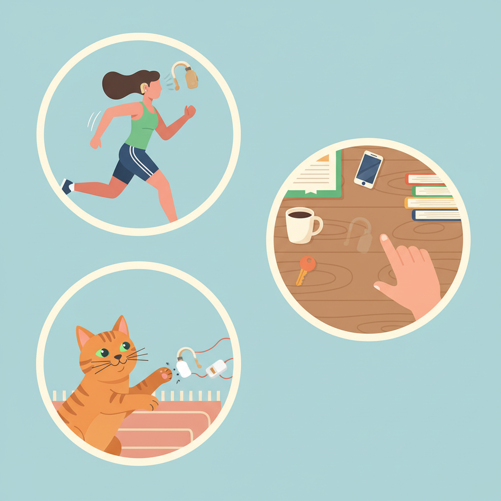 A vibrant flat illustration depicting multiple micro-scenes of common hearing aid loss. In one corner, a small, subtle hearing aid slips from an ear during a dynamic sports pose. Another section shows a curious pet (e.g., a cat or dog) playfully interacting with a tiny object on the floor. A third vignette features a hand reaching for an empty spot on a cluttered surface, implying forgetfulness. The overall composition should be clean and visually communicate the various everyday risks of losing hearing aids without being overwhelming.