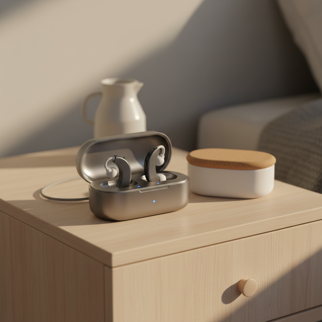 A clean, professional photo focusing on a dedicated storage solution for hearing aids. On a minimalist nightstand or inside a tidy drawer, a pair of modern hearing aids are securely placed within their sleek charging case or a small, custom-designed protective box. The lighting is soft and inviting, emphasizing organization and routine. The background is slightly blurred to keep the focus on the secure storage, conveying a sense of safety and calm.